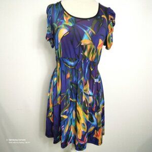 "Passion 4 Fashion" Blue Tropical Floral Short Sleeve Stretch Beach Dress NWT OS